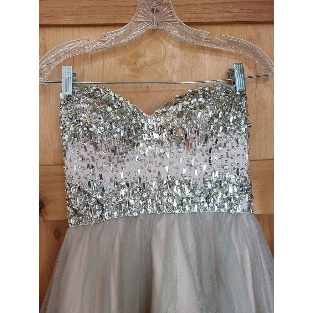 Strapless Beaded Tulle Evening Dress in Silver